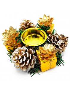Tradineur - Portavelas de navidad con piñas, soporte para 1 vela de té, adorno artificial para centros de mesa, estanterías, mes