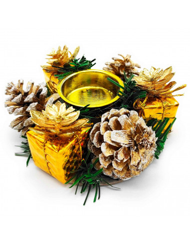 Tradineur - Portavelas de navidad con piñas, soporte para 1 vela de té, adorno artificial para centros de mesa, estanterías, mes