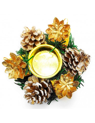 Tradineur - Portavelas de navidad con piñas, soporte para 1 vela de té, adorno artificial para centros de mesa, estanterías, mes