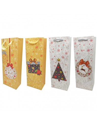 Tradineur - Bolsa de cartón para botella de vino con diseños navideños, bolsa de regalo con asas para envolver champán, 36 x 12,