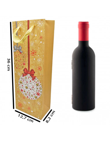 Tradineur - Bolsa de cartón para botella de vino con diseños navideños, bolsa de regalo con asas para envolver champán, 36 x 12,