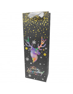 Tradineur - Bolsa para botella de vino de cartón con diseños navideños, bolsa de regalo con asas para envolver champán, 36 x 12,
