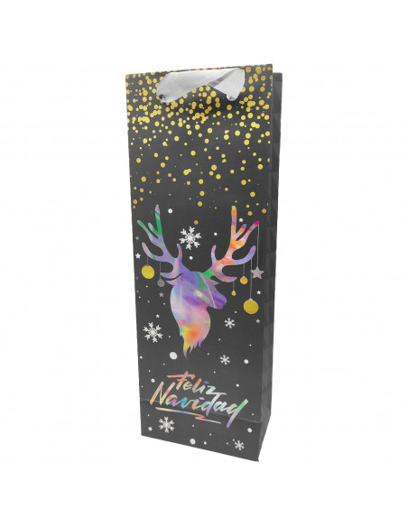 Tradineur - Bolsa para botella de vino de cartón con diseños navideños, bolsa de regalo con asas para envolver champán, 36 x 12,