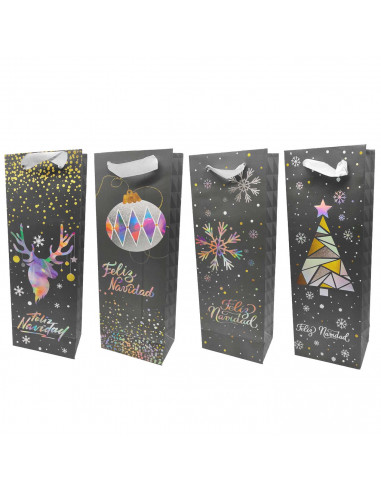 Tradineur - Bolsa para botella de vino de cartón con diseños navideños, bolsa de regalo con asas para envolver champán, 36 x 12,