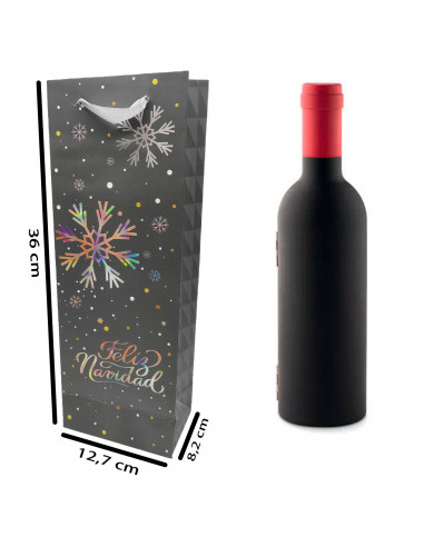 Tradineur - Bolsa para botella de vino de cartón con diseños navideños, bolsa de regalo con asas para envolver champán, 36 x 12,