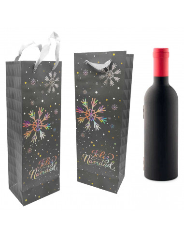 Tradineur - Bolsa para botella de vino de cartón con diseños navideños, bolsa de regalo con asas para envolver champán, 36 x 12,