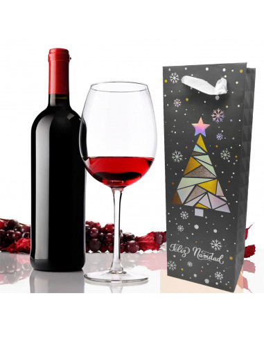 Tradineur - Bolsa para botella de vino de cartón con diseños navideños, bolsa de regalo con asas para envolver champán, 36 x 12,
