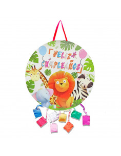 Tradineur - Piñata redonda de feliz cumpleaños con animales, cartón, rellenar con golosinas, chuches, decoración infantil para f
