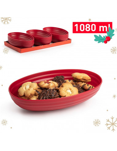Tradineur - Bandeja ovalada decorativa para navidad - Fabricado en España - Capacidad 1080 ml - 5 x 16 x 24 cm - Color Granate