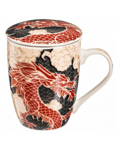 Tradineur - Taza de té de cerámica con filtro de acero inoxidable y tapa, mantiene caliente la infusión, diseño oriental (Dragón