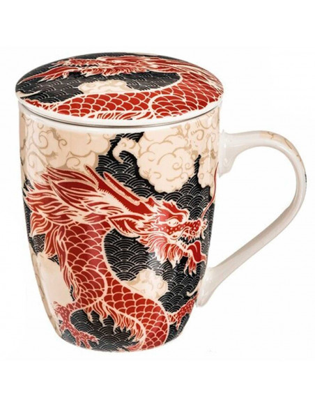 Tradineur - Taza de té de cerámica con filtro de acero inoxidable y tapa, mantiene caliente la infusión, diseño oriental (Dragón
