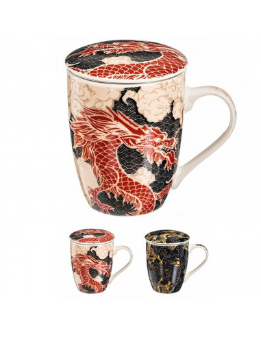 Tradineur - Taza de té de cerámica con filtro de acero inoxidable y tapa, mantiene caliente la infusión, diseño oriental (Dragón
