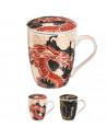 Tradineur - Taza de té de cerámica con filtro de acero inoxidable y tapa, mantiene caliente la infusión, diseño oriental (Dragón