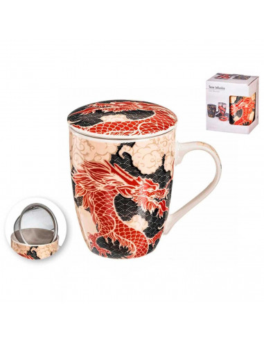 Tradineur - Taza de té de cerámica con filtro de acero inoxidable y tapa, mantiene caliente la infusión, diseño oriental (Dragón