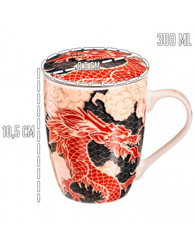 Tradineur - Taza de té de cerámica con filtro de acero inoxidable y tapa, mantiene caliente la infusión, diseño oriental (Dragón