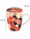 Tradineur - Taza de té de cerámica con filtro de acero inoxidable y tapa, mantiene caliente la infusión, diseño oriental (Dragón