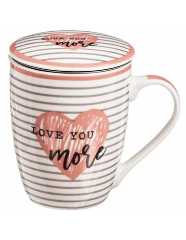 Tradineur - Taza de cerámica para té con filtro de acero inoxidable y tapa, mantiene caliente la infusión (I Love You, 300 ml, m