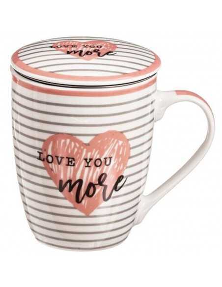 Tradineur - Taza de cerámica para té con filtro de acero inoxidable y tapa, mantiene caliente la infusión (I Love You, 300 ml, m