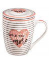 Tradineur - Taza de cerámica para té con filtro de acero inoxidable y tapa, mantiene caliente la infusión (I Love You, 300 ml, m