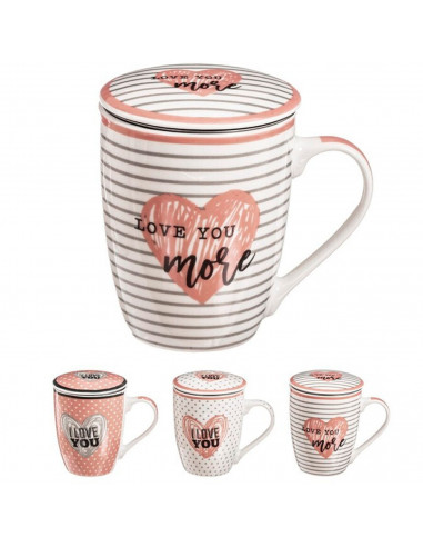 Tradineur - Taza de cerámica para té con filtro de acero inoxidable y tapa, mantiene caliente la infusión (I Love You, 300 ml, m