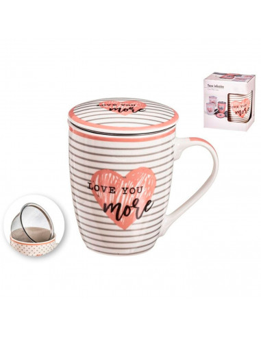Tradineur - Taza de cerámica para té con filtro de acero inoxidable y tapa, mantiene caliente la infusión (I Love You, 300 ml, m