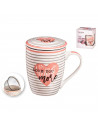 Tradineur - Taza de cerámica para té con filtro de acero inoxidable y tapa, mantiene caliente la infusión (I Love You, 300 ml, m