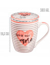 Tradineur - Taza de cerámica para té con filtro de acero inoxidable y tapa, mantiene caliente la infusión (I Love You, 300 ml, m