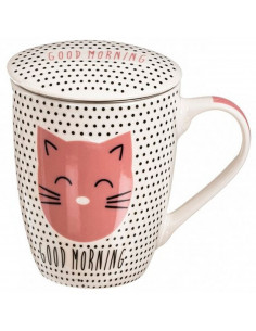 Tradineur - Taza para té de cerámica con filtro de acero inoxidable y tapa, mantiene caliente la infusión (Gato, 300 ml, modelo