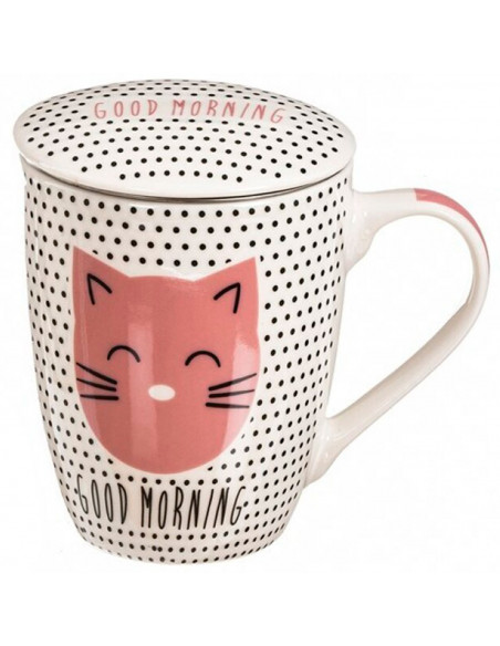 Tradineur - Taza para té de cerámica con filtro de acero inoxidable y tapa, mantiene caliente la infusión (Gato, 300 ml, modelo