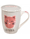 Tradineur - Taza para té de cerámica con filtro de acero inoxidable y tapa, mantiene caliente la infusión (Gato, 300 ml, modelo