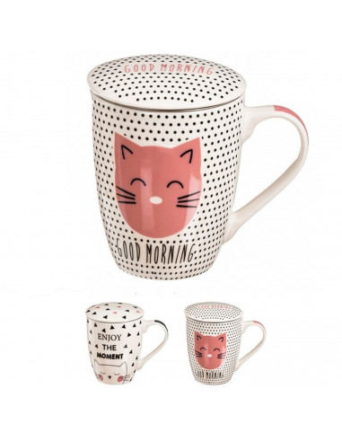 Tradineur - Taza para té de cerámica con filtro de acero inoxidable y tapa, mantiene caliente la infusión (Gato, 300 ml, modelo