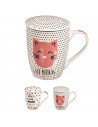 Tradineur - Taza para té de cerámica con filtro de acero inoxidable y tapa, mantiene caliente la infusión (Gato, 300 ml, modelo