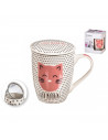 Tradineur - Taza para té de cerámica con filtro de acero inoxidable y tapa, mantiene caliente la infusión (Gato, 300 ml, modelo