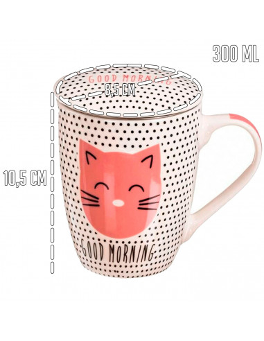 Tradineur - Taza para té de cerámica con filtro de acero inoxidable y tapa, mantiene caliente la infusión (Gato, 300 ml, modelo