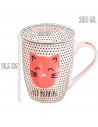 Tradineur - Taza para té de cerámica con filtro de acero inoxidable y tapa, mantiene caliente la infusión (Gato, 300 ml, modelo