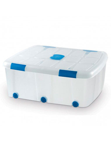 Tradineur - Caja de plástico transparente de 32,5 x 77 x 59 cm, con capacidad de 100 litros, Contenedor de plástico para almacen