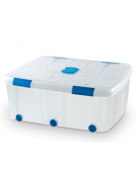 Tradineur - Caja de plástico transparente de 32,5 x 77 x 59 cm, con capacidad de 100 litros, Contenedor de plástico para almacen
