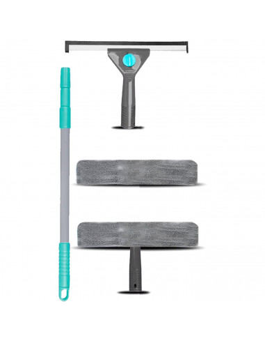 Tradineur - Set de limpiacristales con 2 escobillas de goma, 2 almohadillas de microfibra y mango telescópico, limpieza de venta