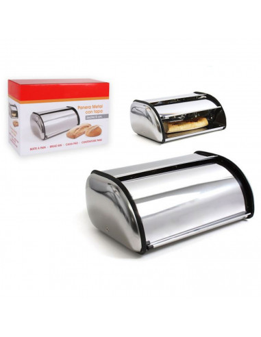 Panera de metal con tapa abatible 35,5 x 23 x 15,5 cm, contenedor para pan metálico, recipiente con tapa y asa para almacenar pa