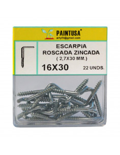 Pack de 22 escarpias roscadas zincadas 16 x 30 mm, juego de ganchos en forma de L, tornillos para madera roscados para atornilla