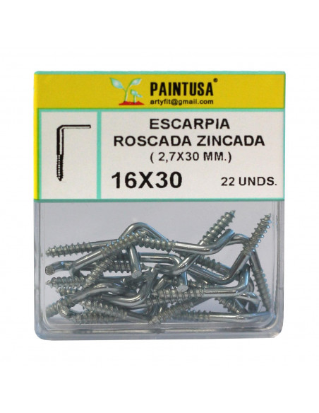 Pack de 22 escarpias roscadas zincadas 16 x 30 mm, juego de ganchos en forma de L, tornillos para madera roscados para atornilla