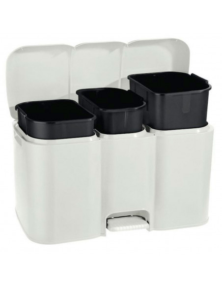 Cubo para basura triple con tapa y pedal de color blanco de 41,5 x 59,5 x 30 cm con capacidad de 40 litros. Pequeño contenedor e