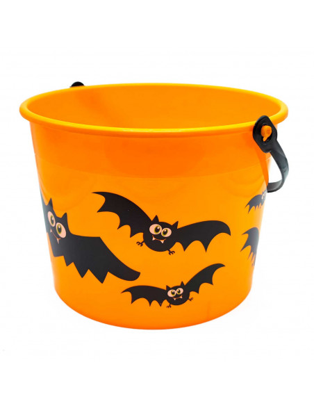 Tradineur - Cubo con decoración de murciélago para Halloween - Fabricado en plástico - Adorno para decoración - 15 x 20 cm - Col Tradineur - Cubo con decoración de murciélago para Halloween - Fabricado en plástico - Adorno para decoración - 15 x 20 cm - Col
