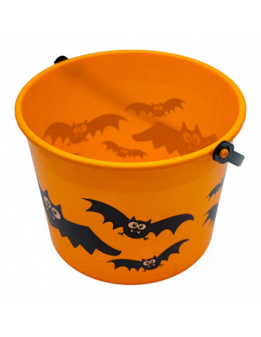 Tradineur - Cubo con decoración de murciélago para Halloween - Fabricado en plástico - Adorno para decoración - 15 x 20 cm - Col