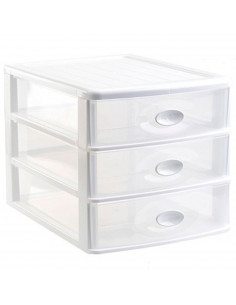 Tradineur - Cajonera de sobremesa de plástico "Loira", 3 cajones transparentes, torre almacenaje multiusos, oficina, baño (Blanc