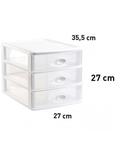 Tradineur - Cajonera de sobremesa de plástico "Loira", 3 cajones transparentes, torre almacenaje multiusos, oficina, baño (Blanc