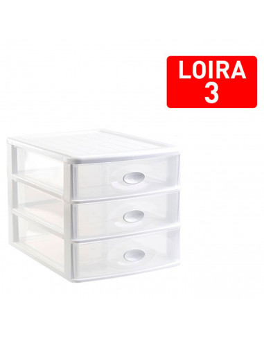Tradineur - Cajonera de sobremesa de plástico "Loira", 3 cajones transparentes, torre almacenaje multiusos, oficina, baño (Blanc