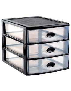 Tradineur - Cajonera de plástico de sobremesa "Loira", 3 cajones transparentes, torre almacenaje multiusos, oficina, baño (Negro