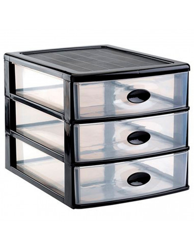 Tradineur - Cajonera de plástico de sobremesa "Loira", 3 cajones transparentes, torre almacenaje multiusos, oficina, baño (Negro