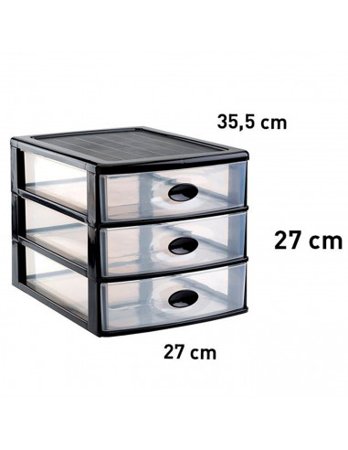 Tradineur - Cajonera de plástico de sobremesa "Loira", 3 cajones transparentes, torre almacenaje multiusos, oficina, baño (Negro